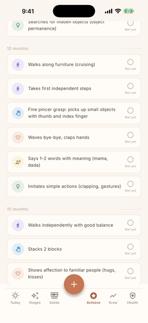 NomiNest 'Milestones' screen