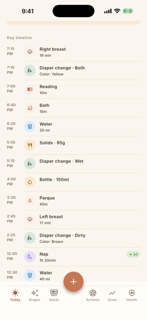 NomiNest 'The day's timeline' screen