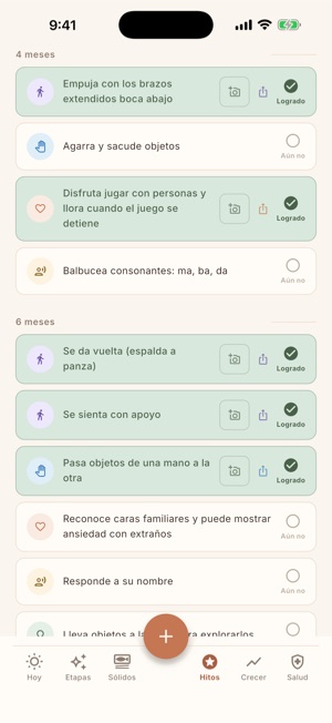 Pantalla «Hitos» de NomiNest