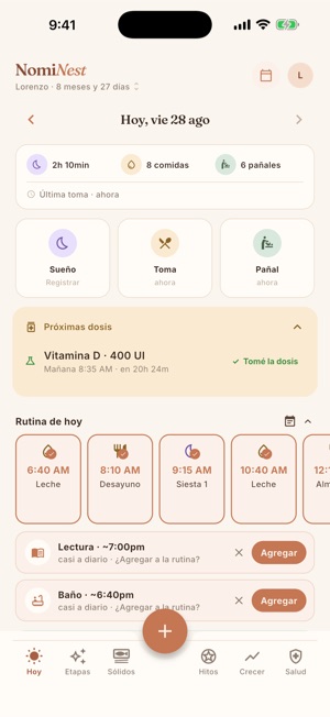 Pantalla «Hoy» de NomiNest en un iPhone
