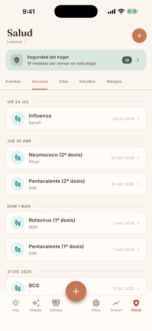 Pantalla «Salud» de NomiNest